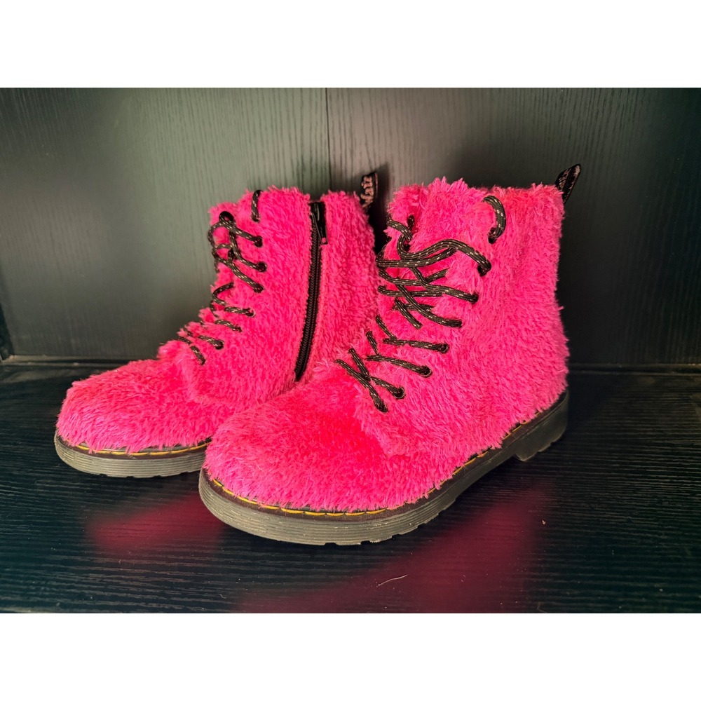 Dr. Martens 1460 Pascal J Kids Hot Pink Faux Fur Lace Up Zip Boots Size 3 US